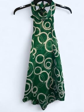 Green One-Shoulder Circle-Print Top with Neck Tie
